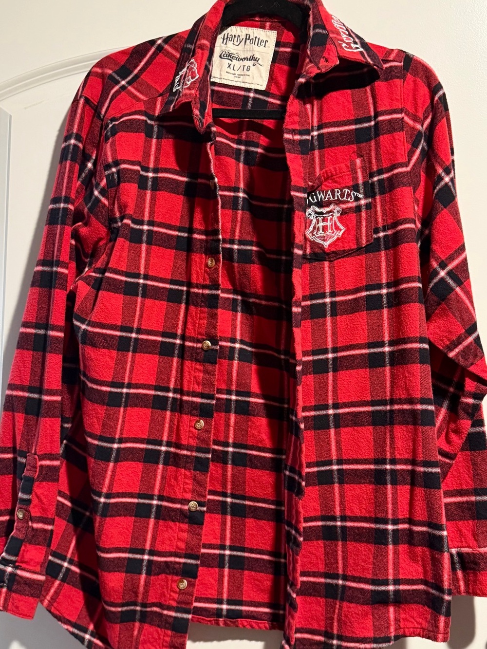 Harry Potter Women's Red Plaid Button-Down Shirt - Hogwarts Crest